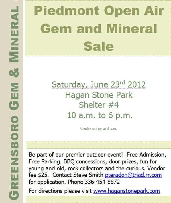 GGMC – Piedmont Open Air Gem and Mineral Sale Saturday June 23rd 2012